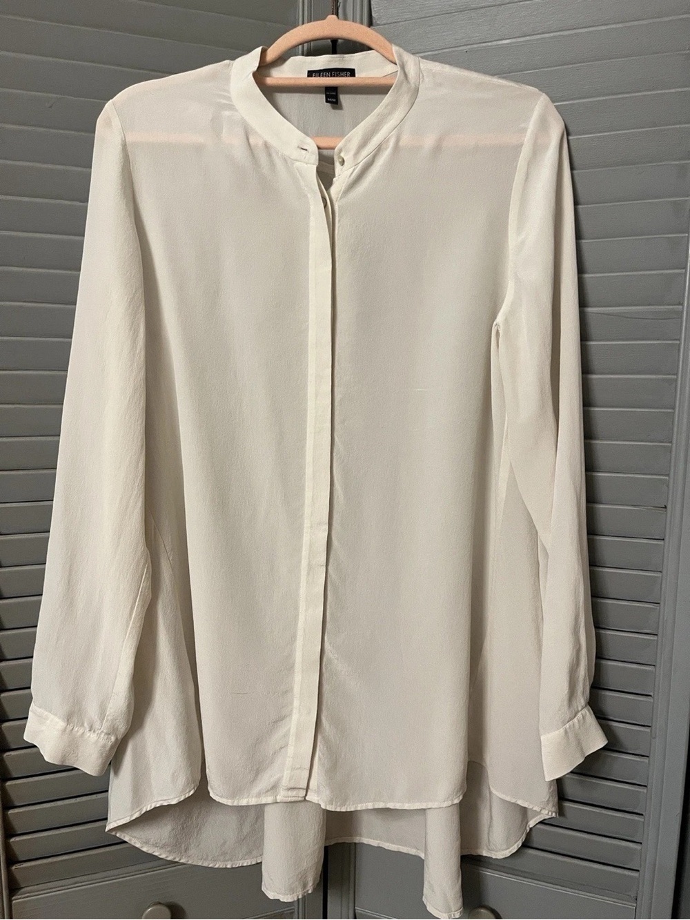 Eileen Fisher Ivory Mandarin-Collar Long-Sleeve Blouse